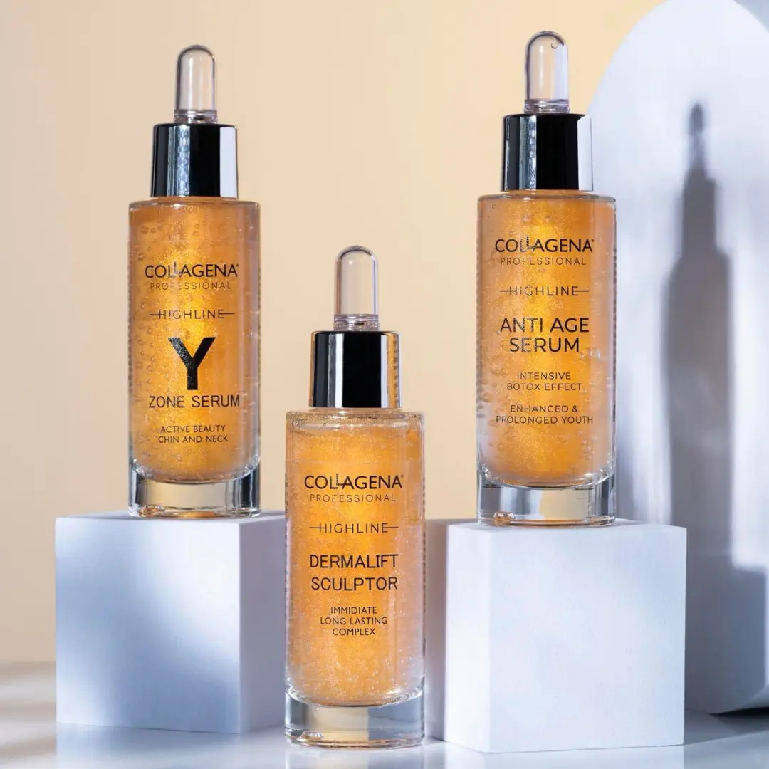 Три серума от серията Highline на светли подиуми: Y Zone Serum, Dermalift Sculptor и Anti Age Serum, всички в кехлибарен цвят