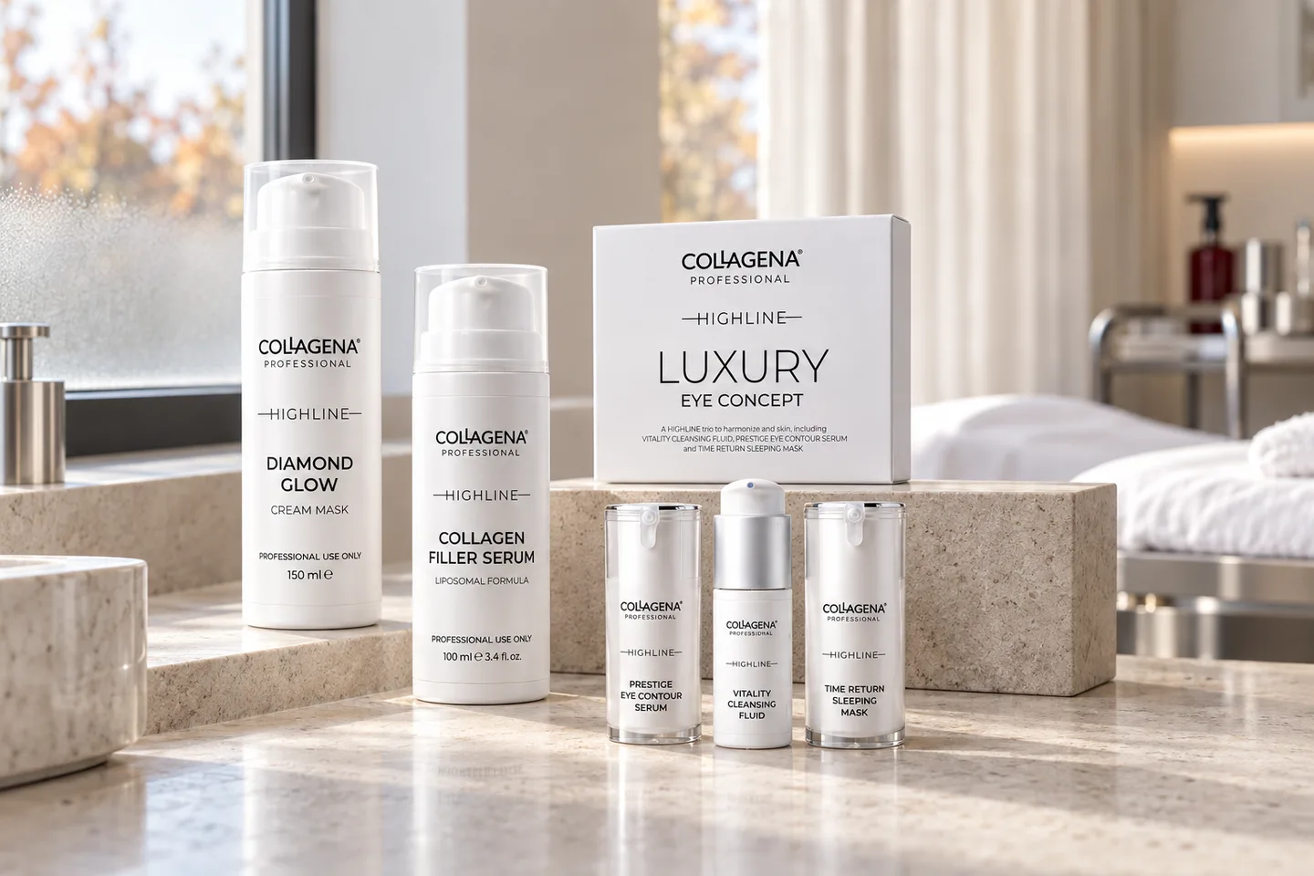 Продукти Collagena Professional Highline в салона: маската Diamond Glow, Collagen Filler Serum и комплектът Luxury Eye Concept с трите си продукта, на светъл камък пред есенен прозорец