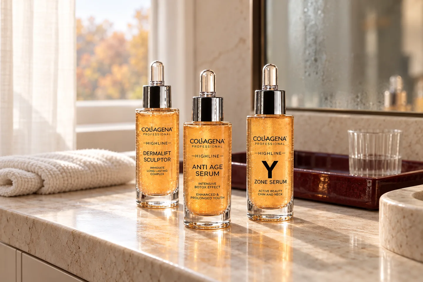 Три серума Collagena Professional Highline, Dermalift Sculptor, Anti Age Serum и Y-Zone Serum, на мраморен плот в есенно слънце, а през прозореца се виждат жълти дървета