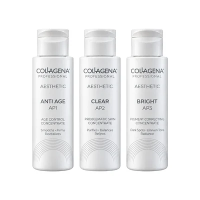Collagena Professional Aqua Peel AP1 Anti Age, AP2 Clear и AP3 Bright от серията Aesthetic един до друг