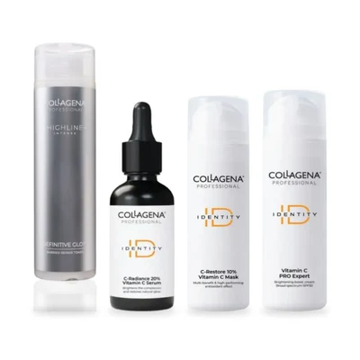 Definitive Glow Тонер, C-Radiance Серум 20% витамин С, C-Restore Маска с 10% витамин С и Vitamin C PRO Expert Озаряващ крем на Collagena Professional един до друг