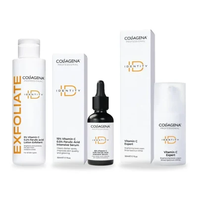 Ексфолиращ лосион с 5% Vitamin C, 15% Vitamin C Интензивен серум и Vitamin C Expert Крем SPF50 на Collagena Professional Identity един до друг